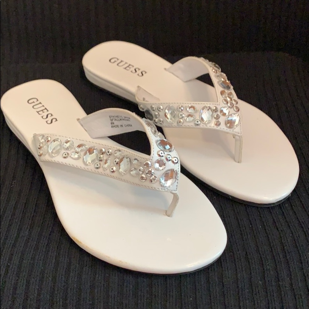 Guess White Rhinestone Tallahassee Thong Sandals 6